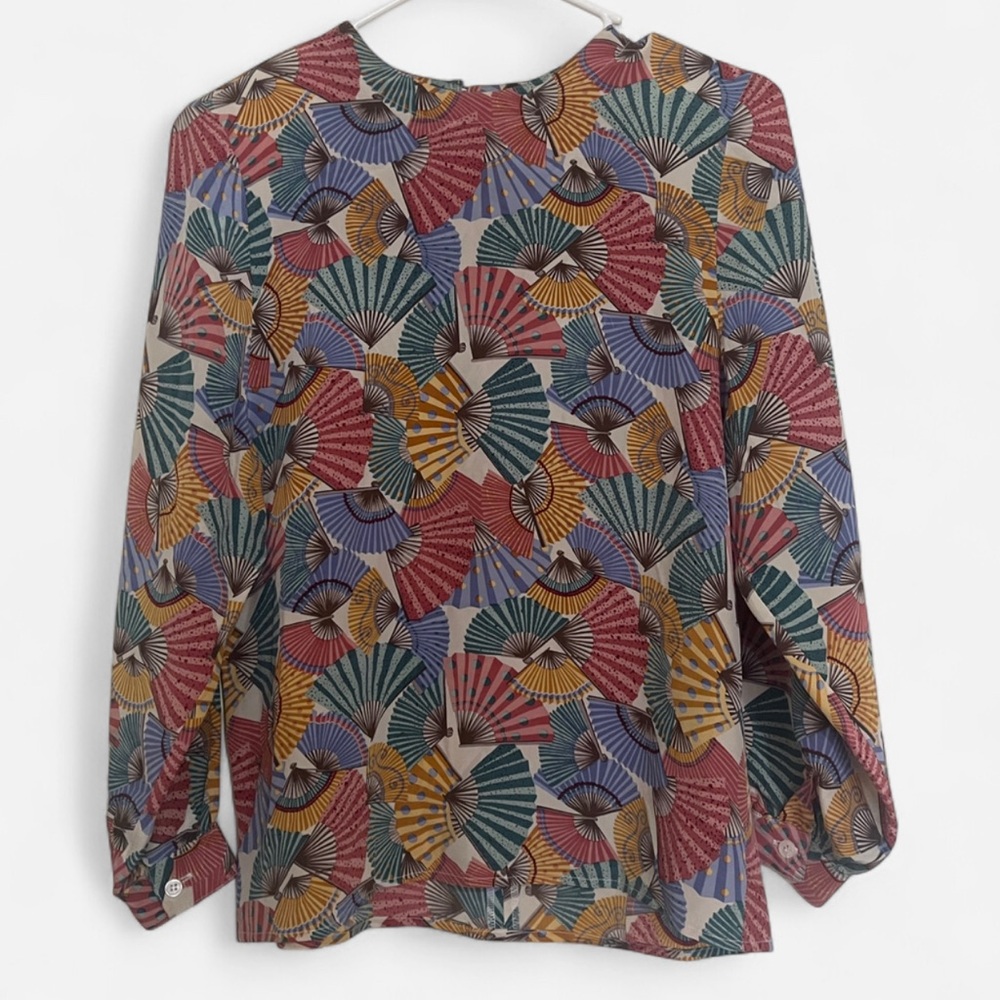 Nordstrom Town Square Oriental Fan Pattern Silk Blouse